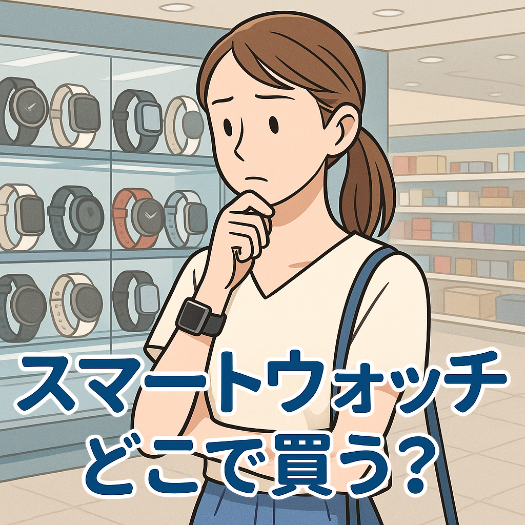 スマートウォッチをどこで買うか迷っている人のイメージ。実店舗とネット通販の選択肢。