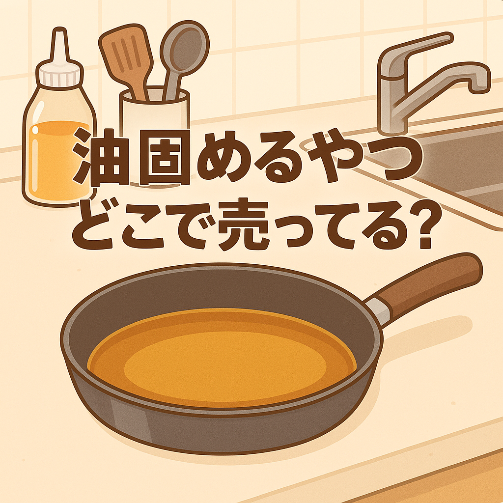 油固めるやつ（油凝固剤）の販売店を紹介するイメージ写真。キッチンにある油処理剤の使用場面