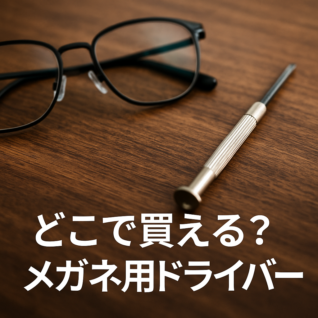 メガネと小型ドライバーが並べられた画像。メガネ用ドライバーの購入先を探す様子をイメージ
