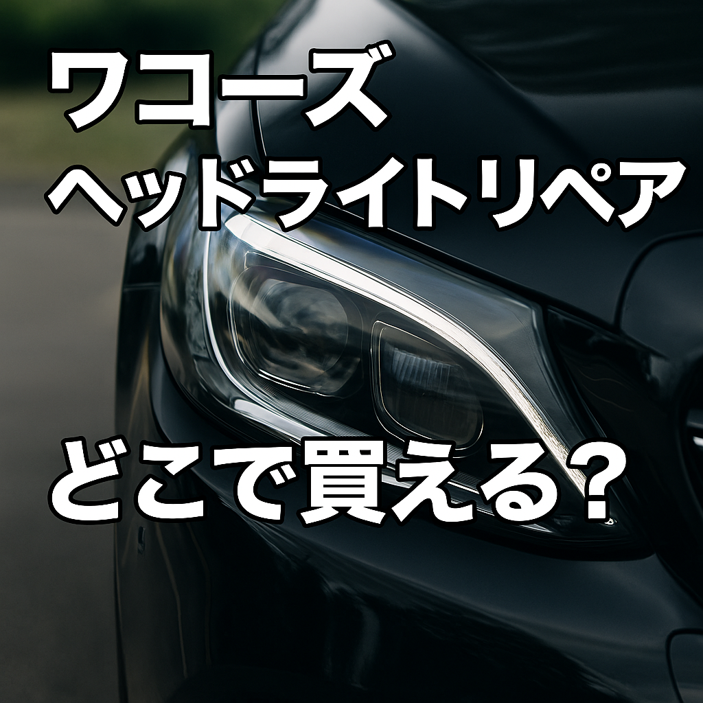 ワコーズヘッドライトリペアの購入場所を紹介するアイキャッチ画像。ヘッドライトのアップと『ワコーズヘッドライトリペア どこで買える？』というテキスト入り。